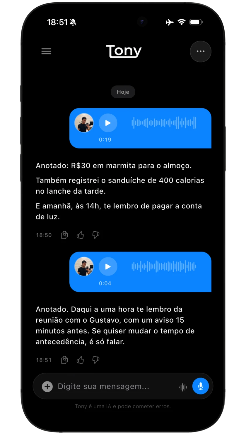 Chat real do Tony: dois áudios enviados e o Tony anotando gasto de almoço, lanche na dieta e lembretes da conta de luz e de uma reunião